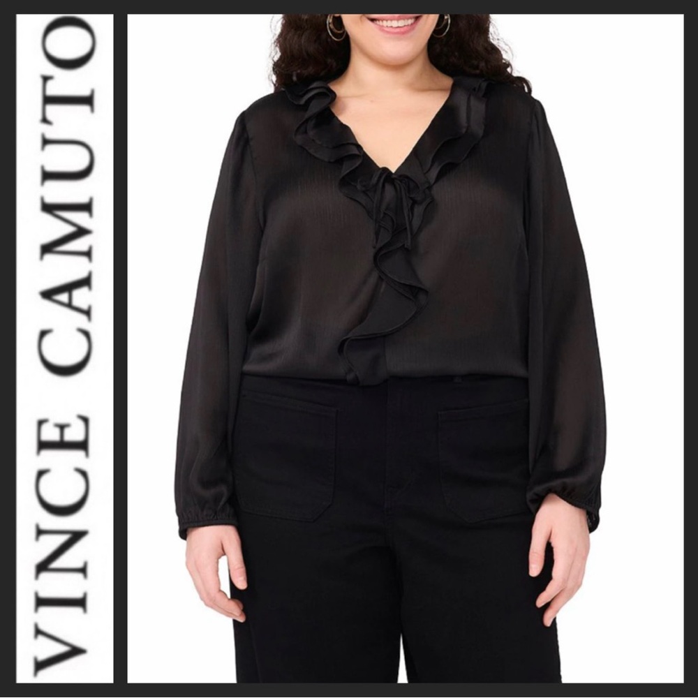 NWT Vince Camuto Plus Size Woven Elegant Black Ruffle Blouse